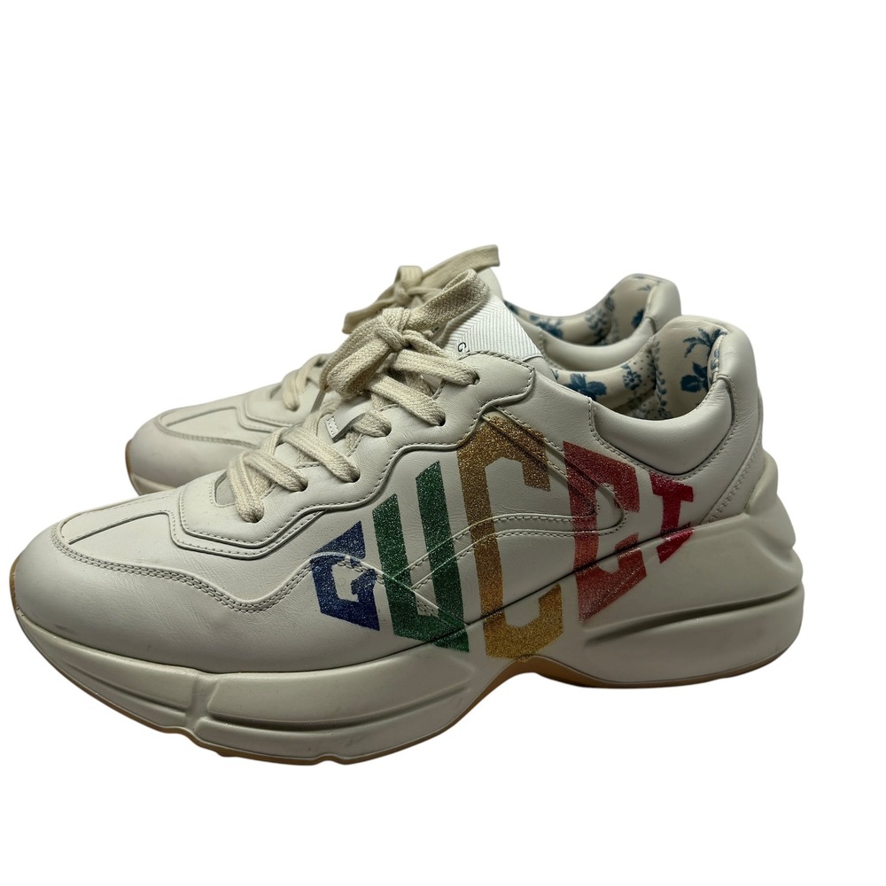 Gucci Rhyton Ivory Leather Rainbow Glitter Logo Sneakers Floral Lining 39
